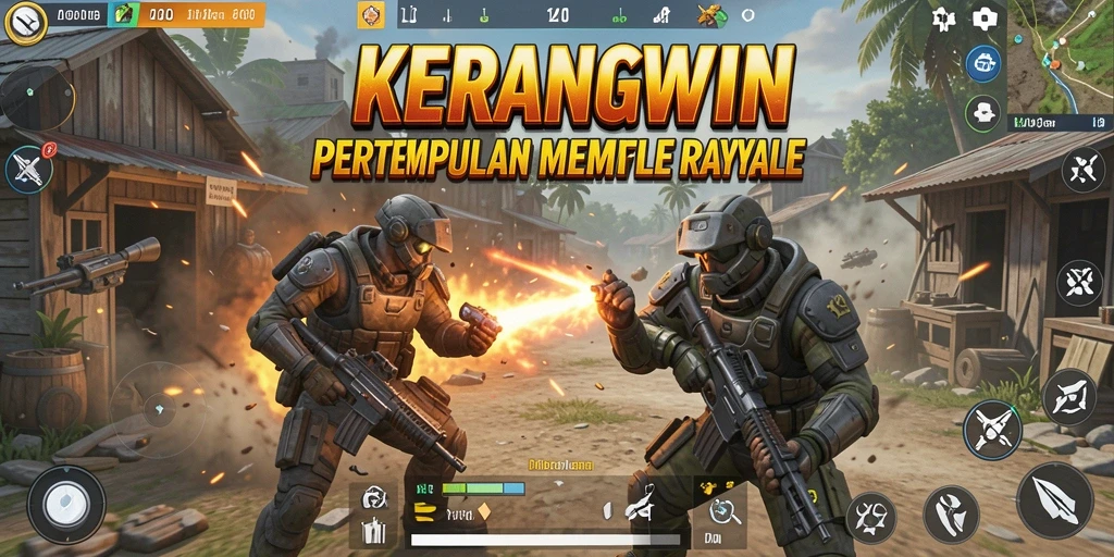 Screenshot gameplay KERANGWIN menunjukkan pertempuran seru di arena Battle Royale.