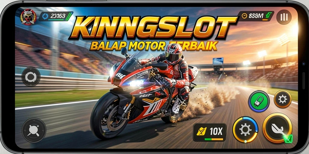 Tampilan gameplay seru dari KINGSLOT dengan berbagai motor balap.