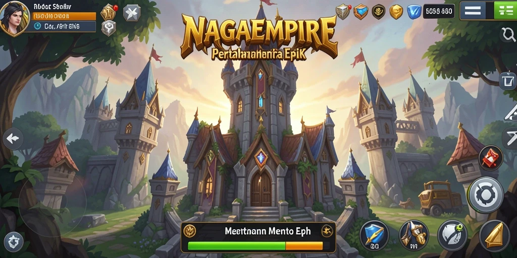 Screenshot gameplay NAGAEMPIRE menampilkan pertahanan menara yang strategis.