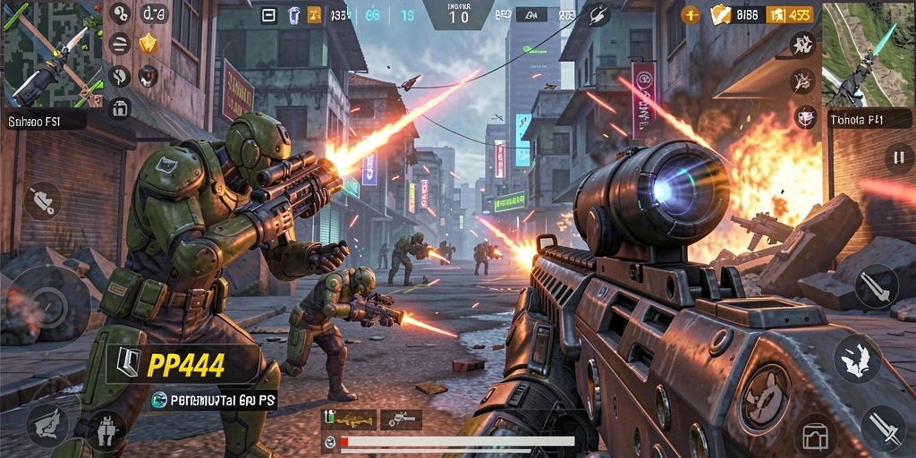 Screenshot dari gameplay PP444 menunjukkan aksi pertarungan FPS yang mendebarkan.
